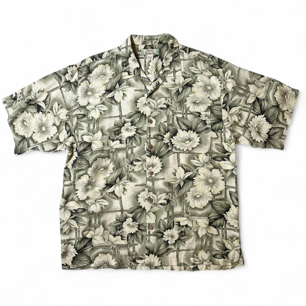 Tommy Bahama 100% Silk Hawaiian Shirt Mens Size L Green Floral Casual